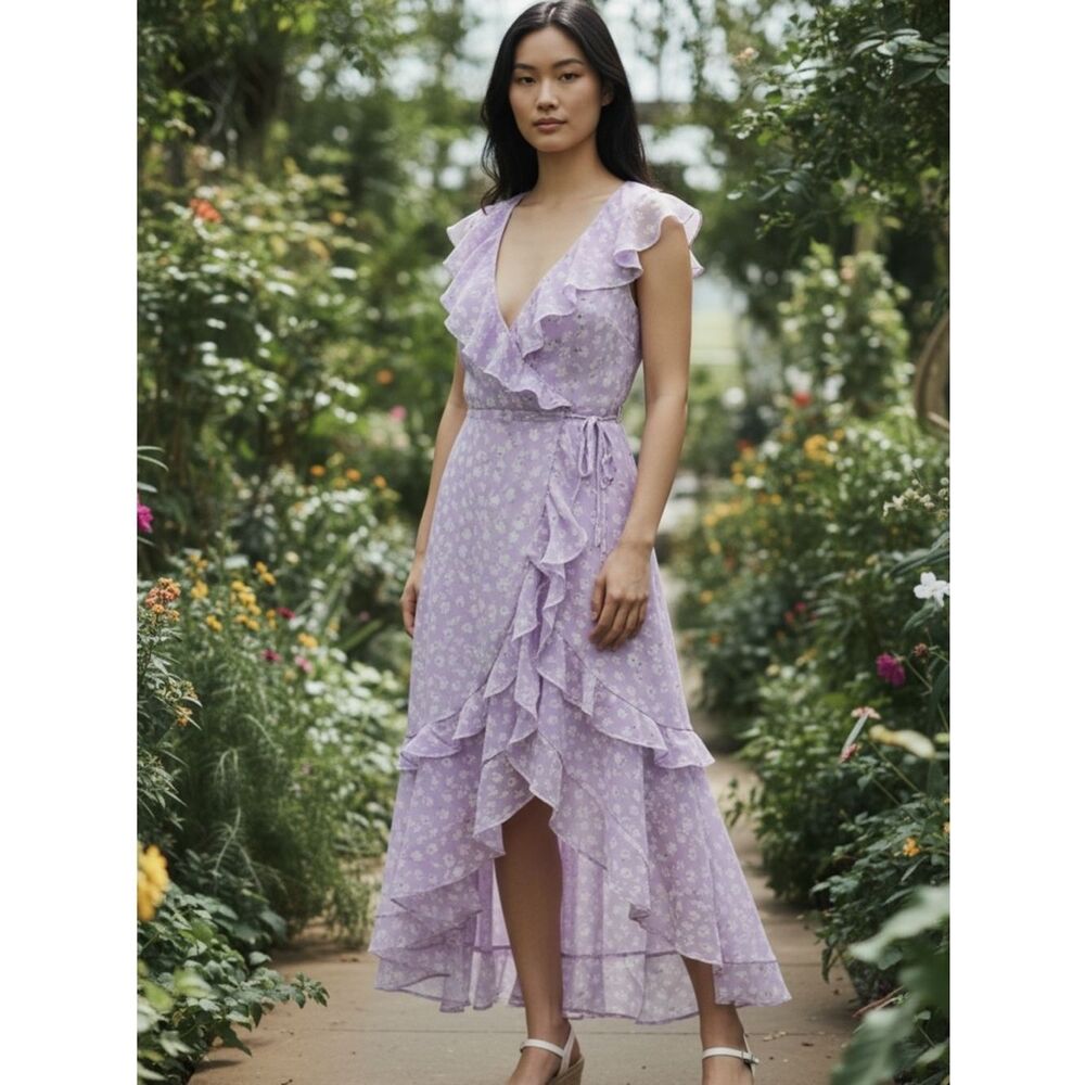 Lulu’s Cornelia Lavender Floral Print Ruffled Wrap Midi Dress